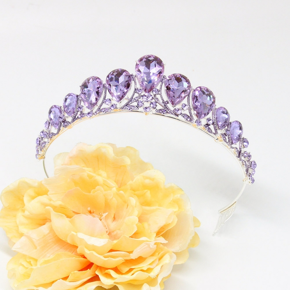 Purple Amethyst Crystal Princess Teardrop Rhinestone Tiara Crown Glass